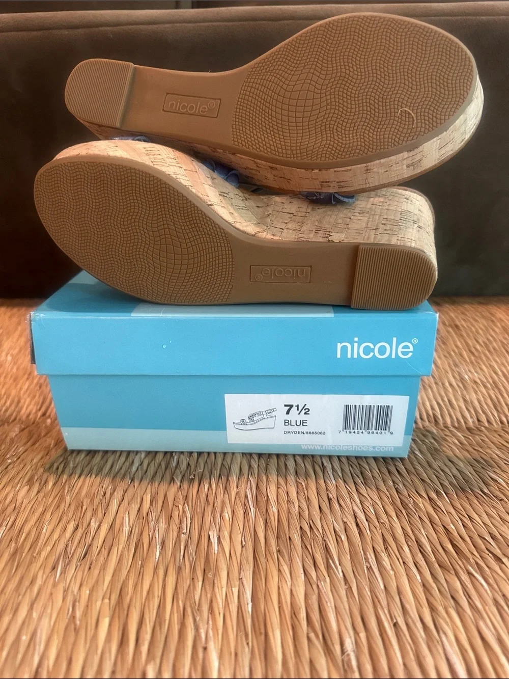 Nicole Dryden Blue Braided Cork Wedge Sandals size 7.5